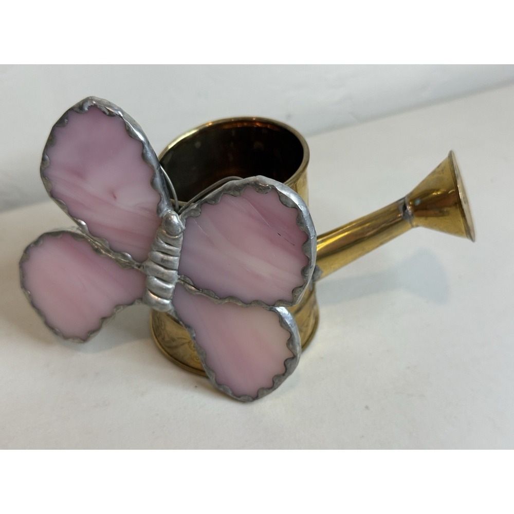 Horizon Brass Smith Mini Watering Can Pink Stained Glass Butterfly USA Vtg